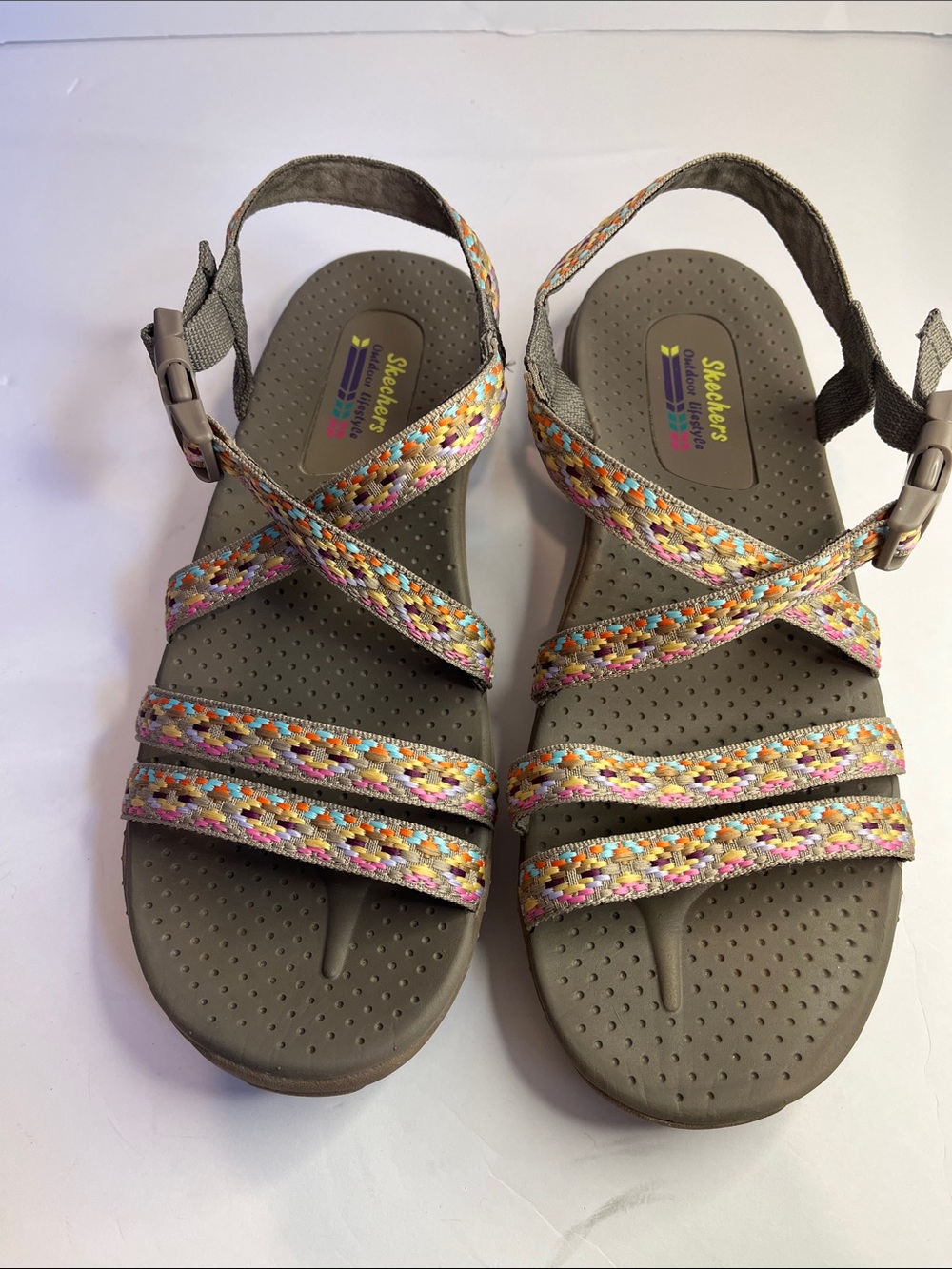 Skechers Women’s Taupe Sandals with Multicolor Woven Straps